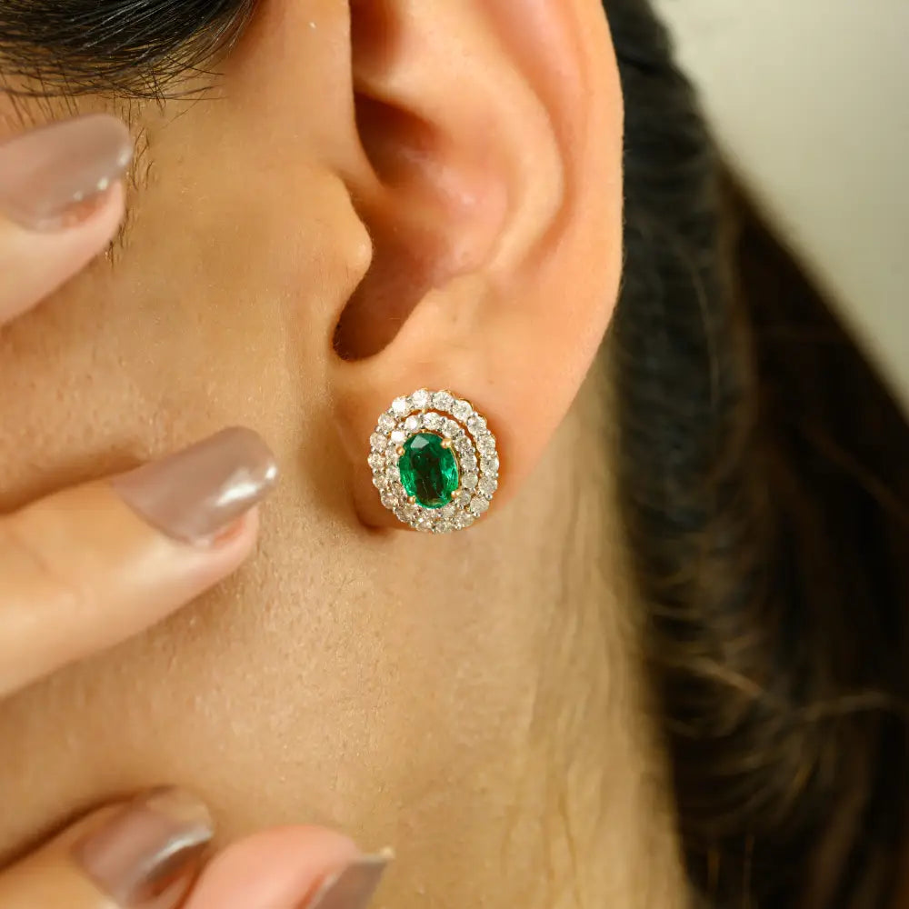 Wholesale Emerald & Diamond Double Halo 18K Real Yellow Gold Stud Earrings Anniversary Gift