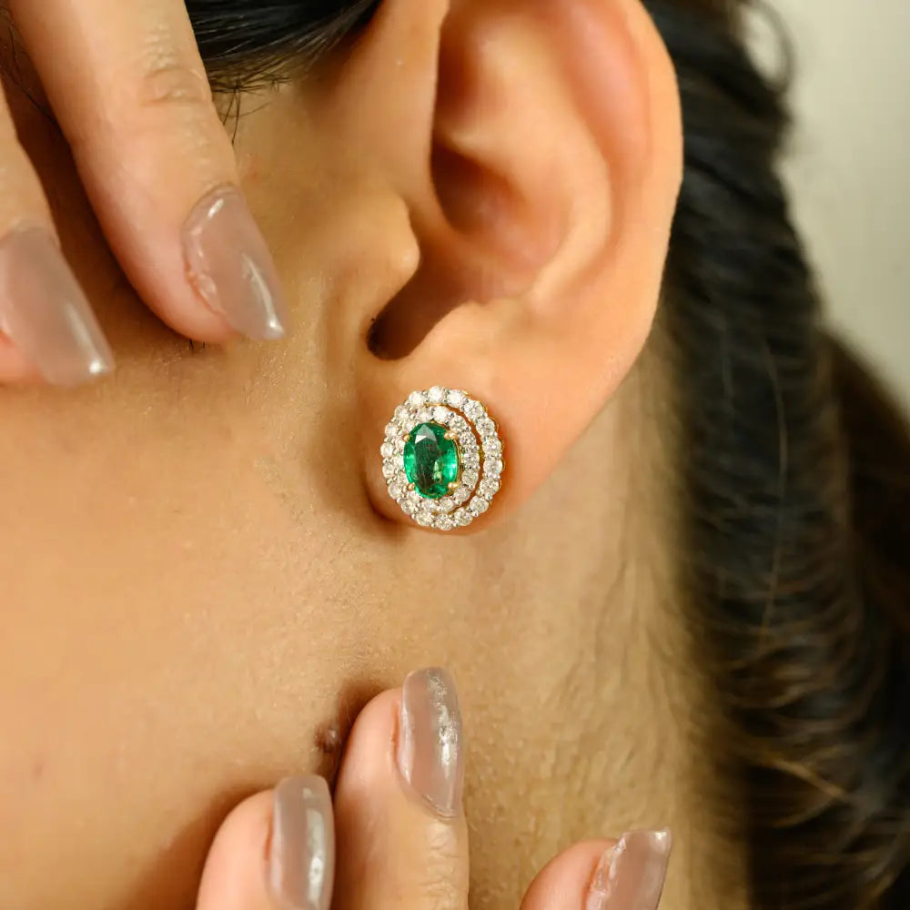 Wholesale Emerald & Diamond Double Halo 18K Real Yellow Gold Stud Earrings Anniversary Gift