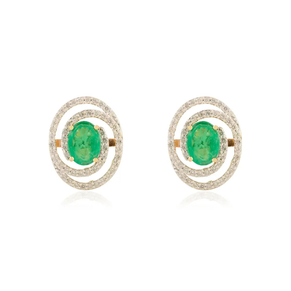 Beautiful Spiral Double Halo Stud Earrings Natural Emerald & Diamond 18K Yellow Gold