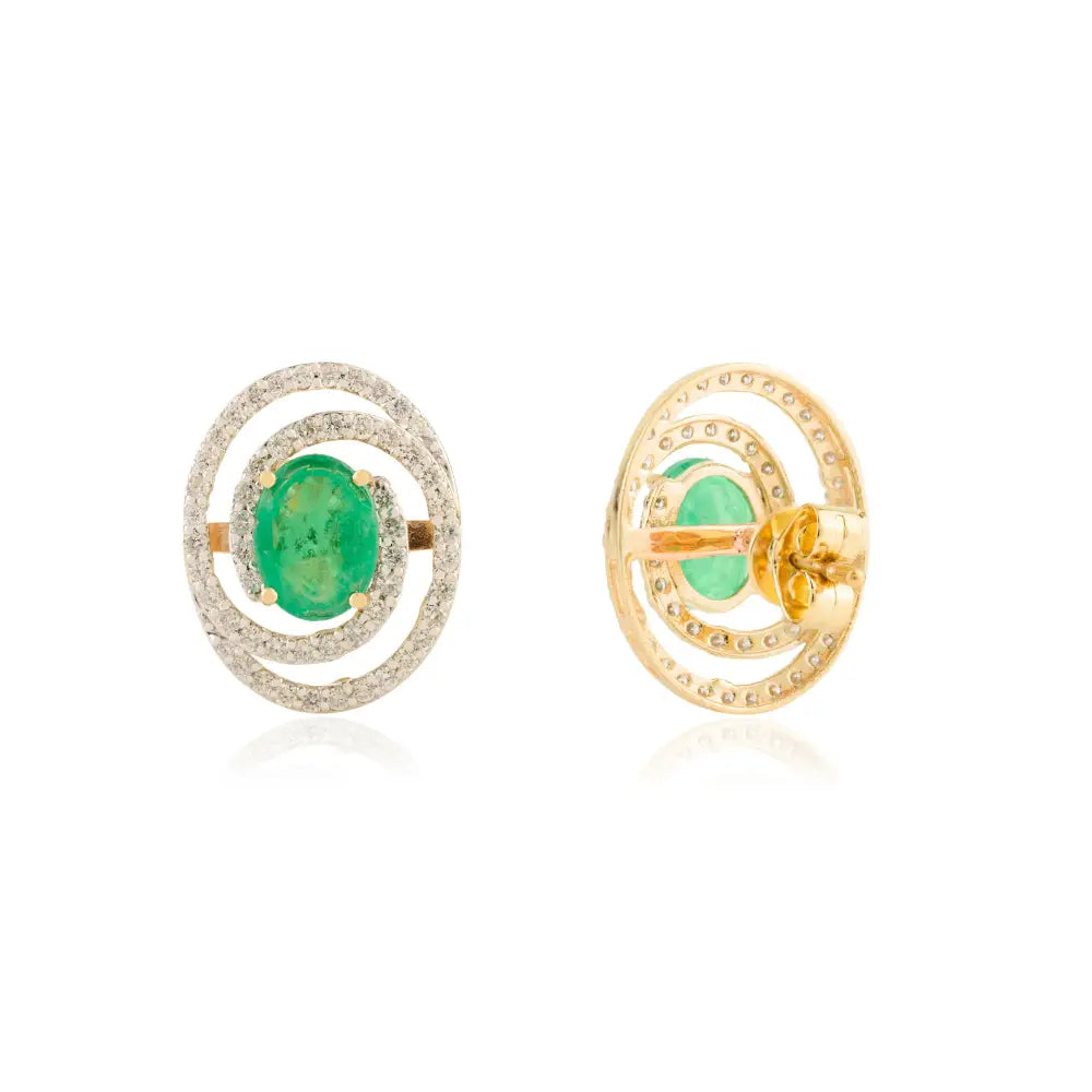 Beautiful Spiral Double Halo Stud Earrings Natural Emerald & Diamond 18K Yellow Gold