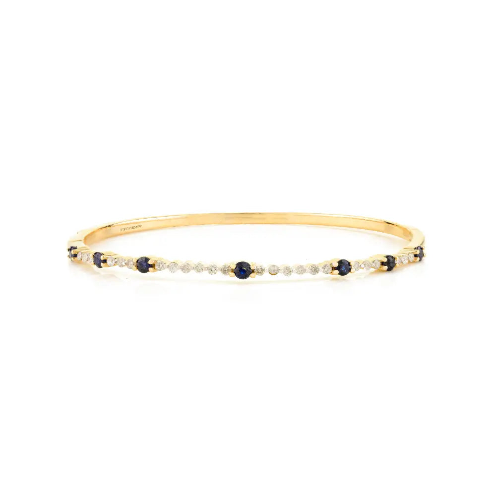 Trending Round Cut Blue Sapphire & Diamond Real K14 Yellow Gold Tennis Bangle & Bracelet
