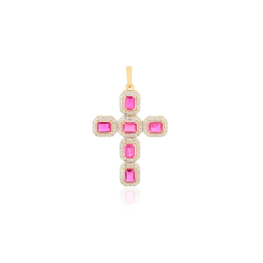 Precious Gemstone 18K Gold Ruby & Diamond Halo Cross Pendant Religious Jewelry