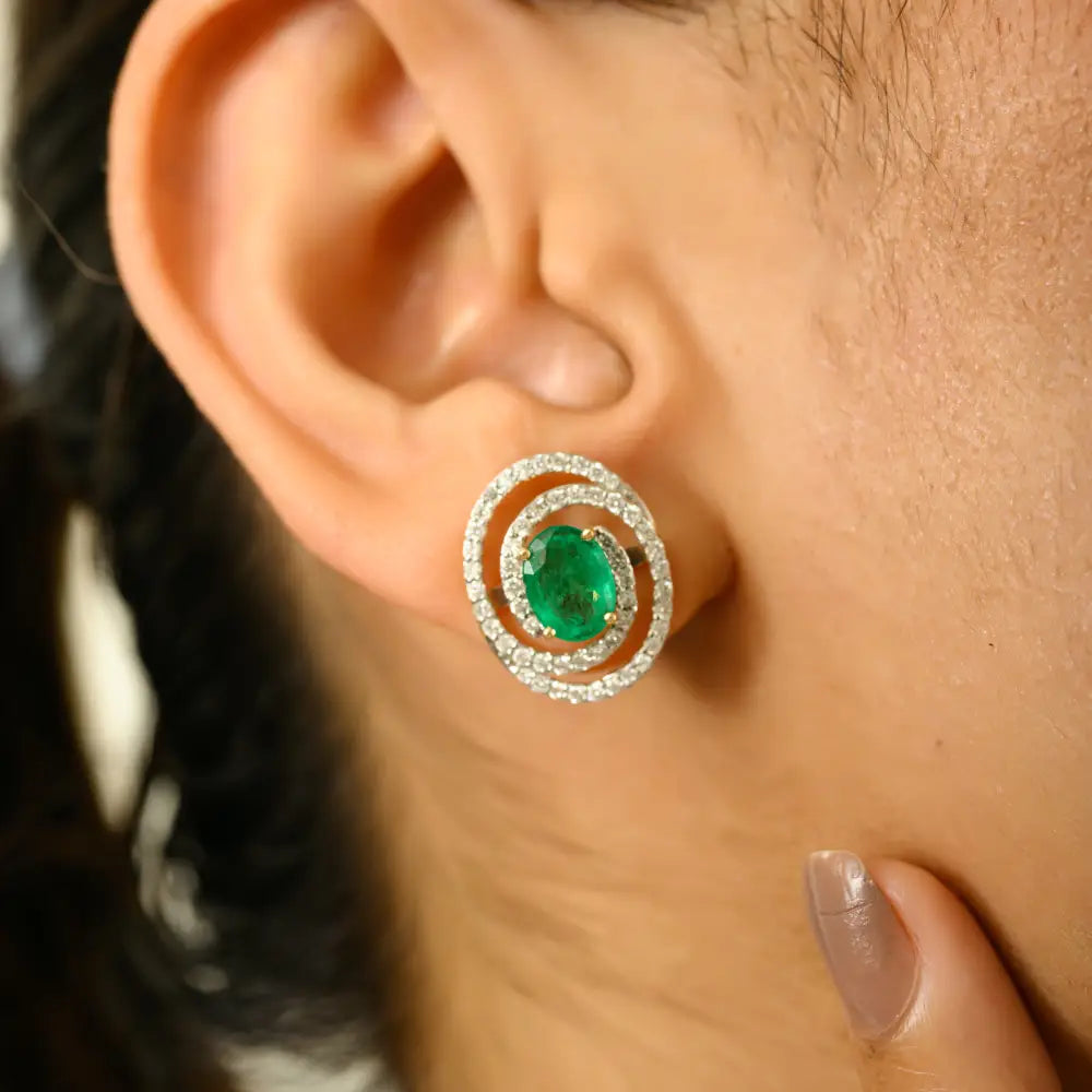 Beautiful Spiral Double Halo Stud Earrings Natural Emerald & Diamond 18K Yellow Gold