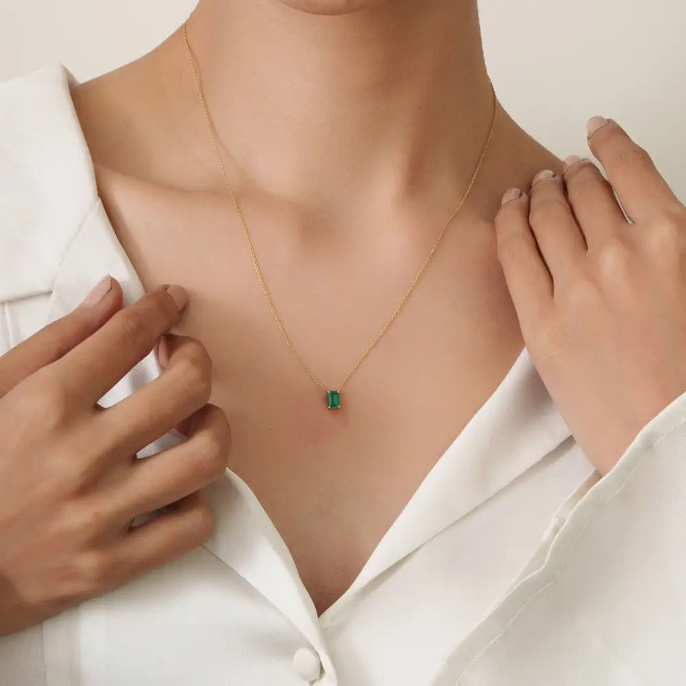 6x4 mm Octagon Cut Emerald Minimal Single Stone Pendant Necklace 18K Solid Gold Jewelry