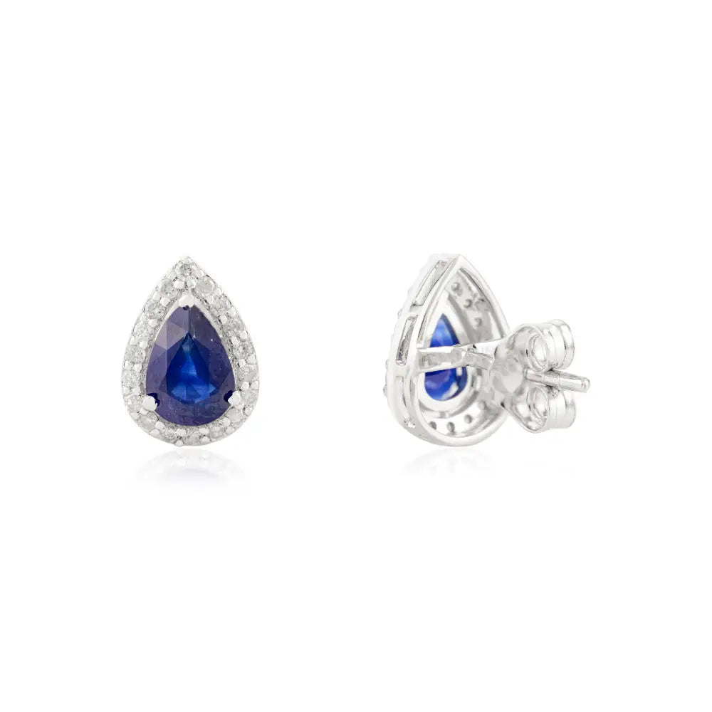 Solid K18 White Gold Blue Sapphire & Diamond Minimal Pear Shape Halo Stud Earrings Women's