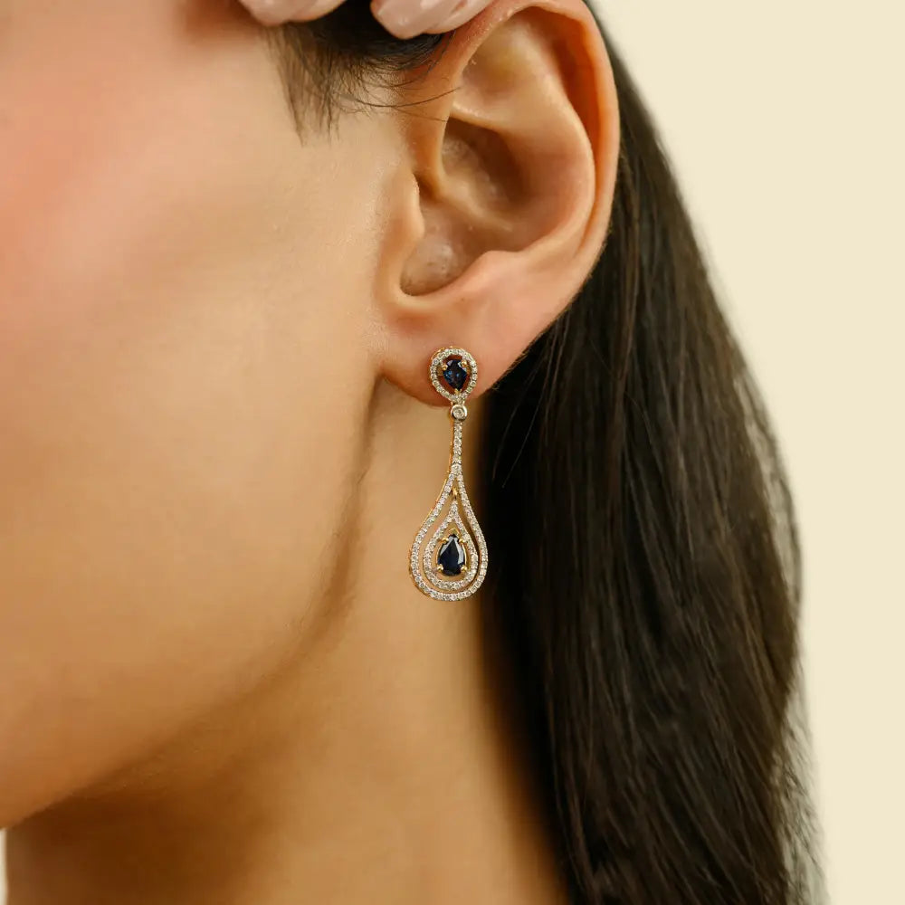 Unique Design Blue Sapphire & Diamond Teardrop Dangle Earrings Pure 18K Yellow Gold