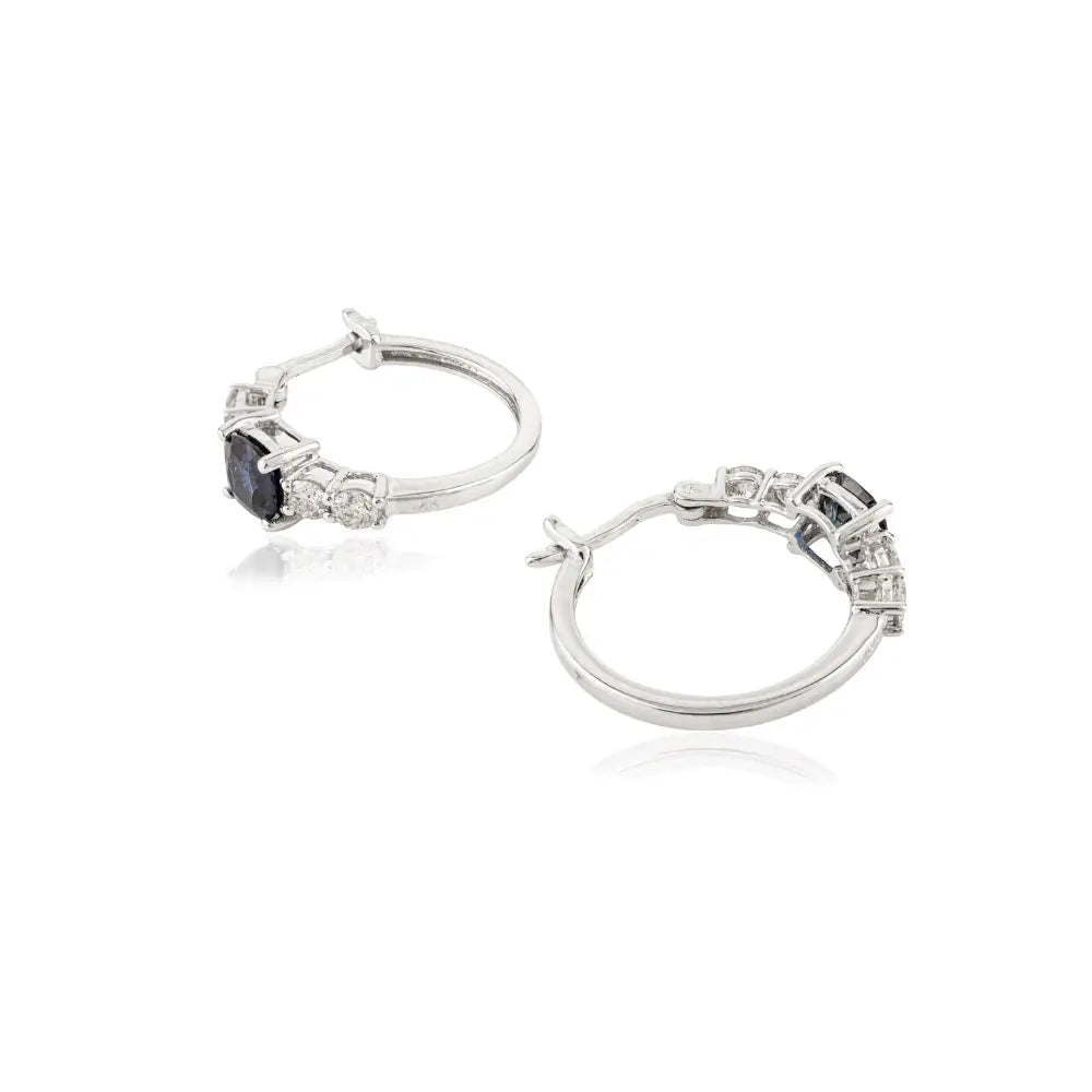 Cushion Shape Blue Sapphire & Diamond Fine Women Hoop Earrings 14K Real White Gold Jewelry