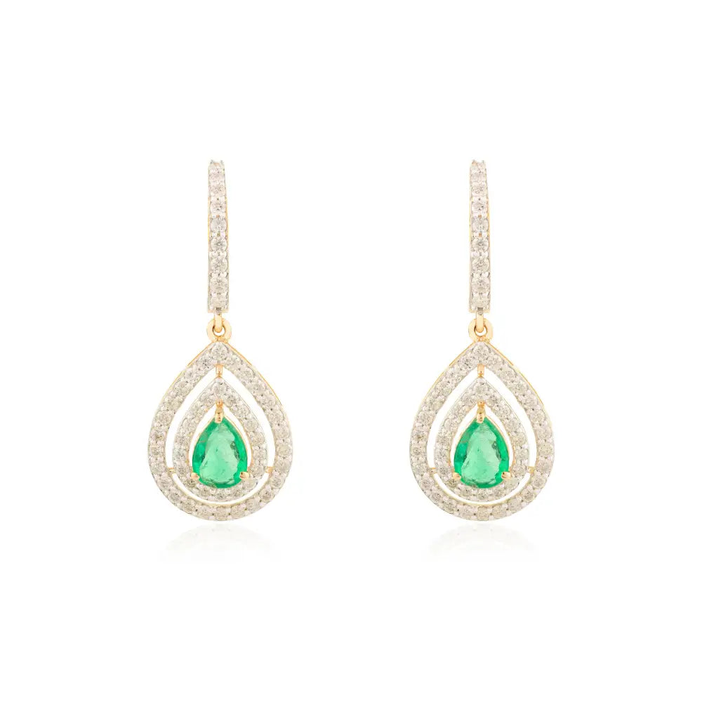 Zambian Natural Emerald & Diamond Double Halo Drop Earrings Solid K18 Yellow Gold Jewelry