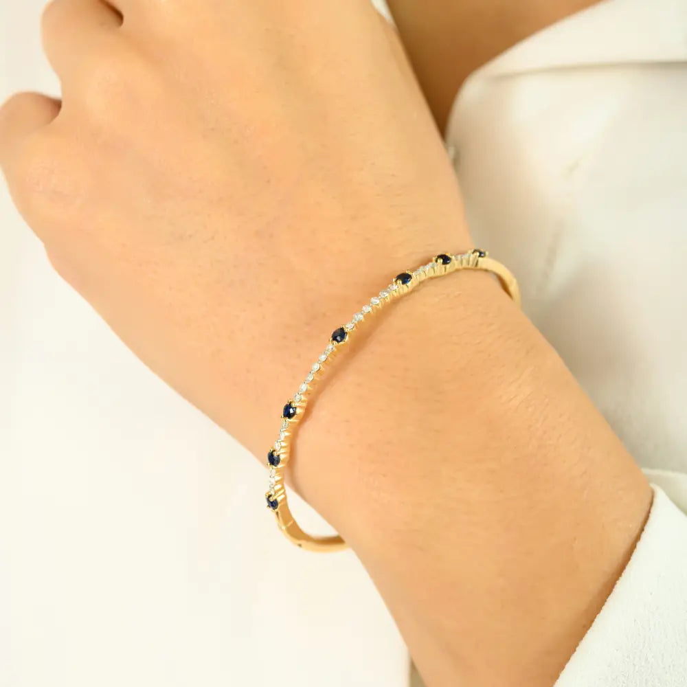 Trending Round Cut Blue Sapphire & Diamond Real K14 Yellow Gold Tennis Bangle & Bracelet