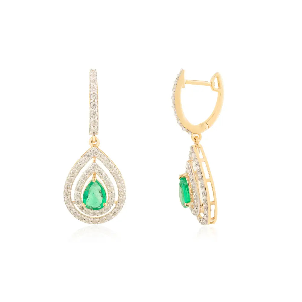 Zambian Natural Emerald & Diamond Double Halo Drop Earrings Solid K18 Yellow Gold Jewelry
