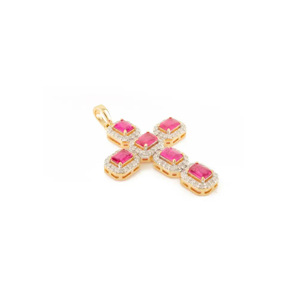 Precious Gemstone 18K Gold Ruby & Diamond Halo Cross Pendant Religious Jewelry