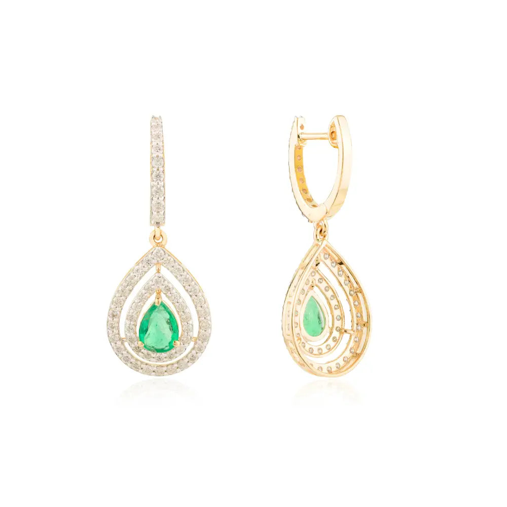 Zambian Natural Emerald & Diamond Double Halo Drop Earrings Solid K18 Yellow Gold Jewelry