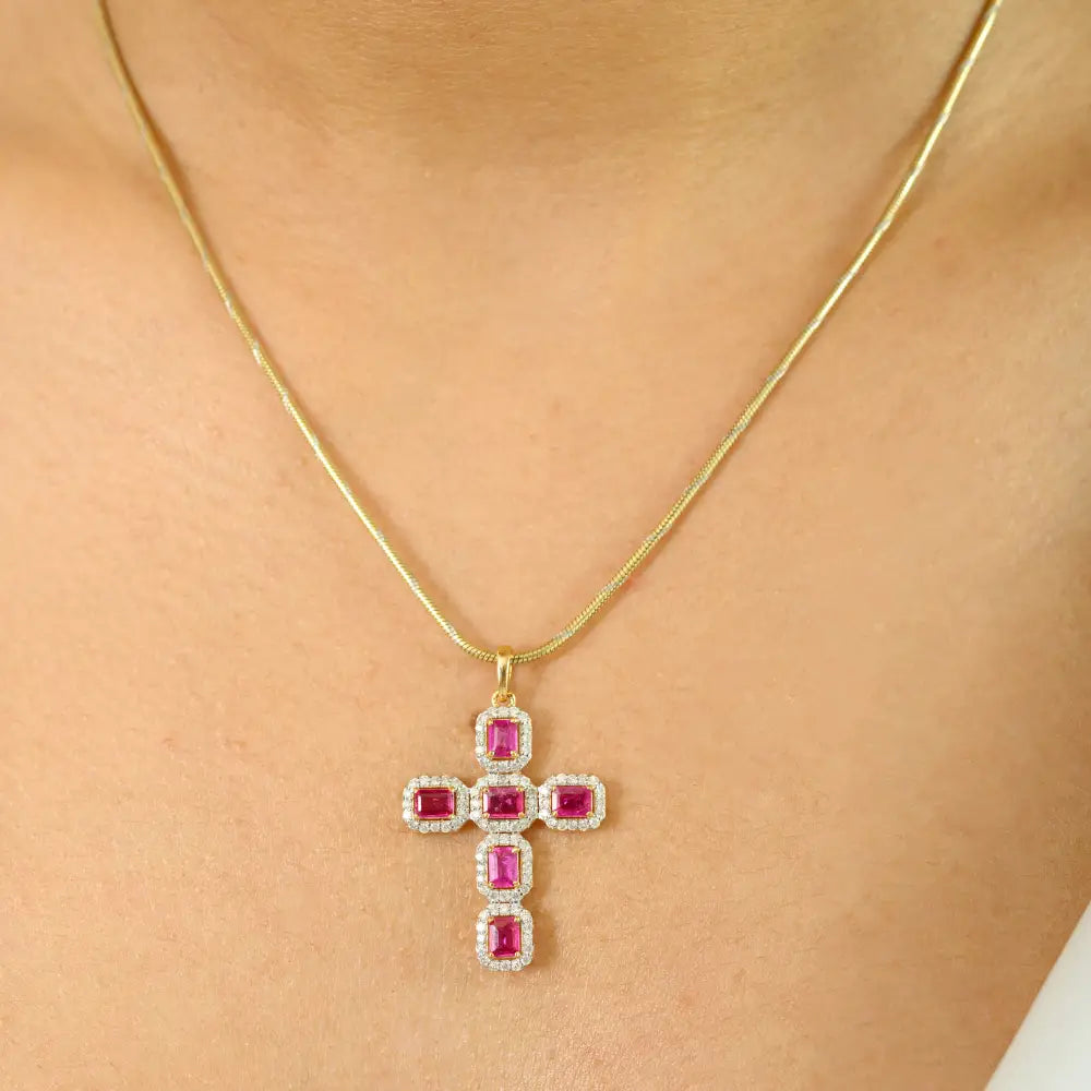 Precious Gemstone 18K Gold Ruby & Diamond Halo Cross Pendant Religious Jewelry