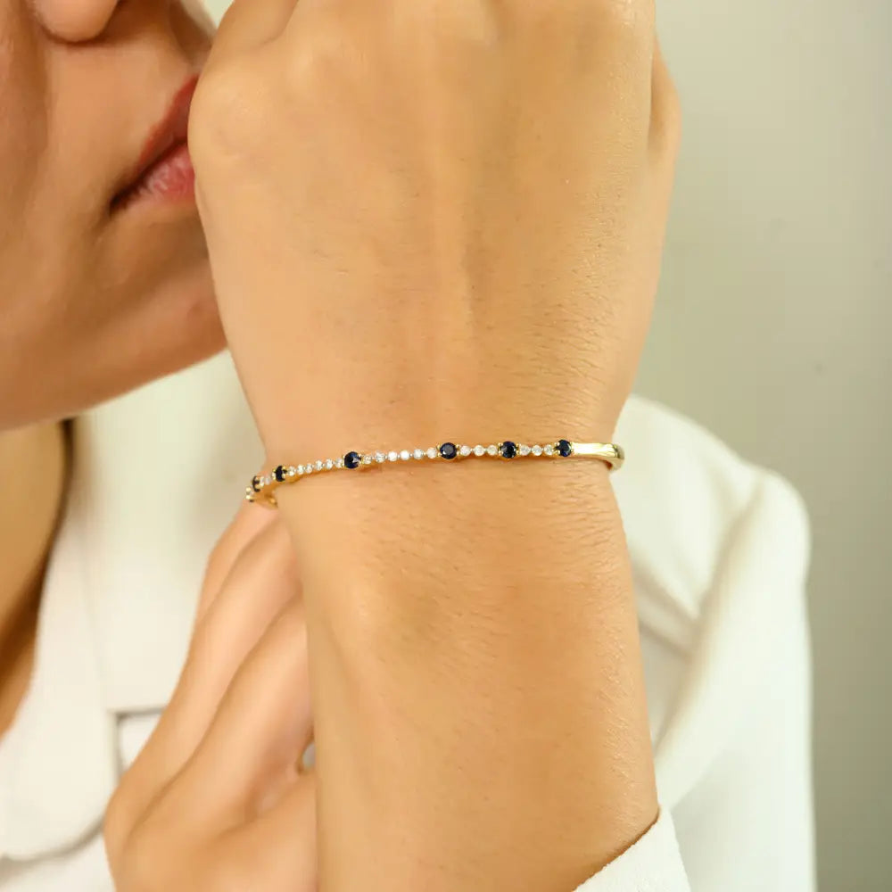 Trending Round Cut Blue Sapphire & Diamond Real K14 Yellow Gold Tennis Bangle & Bracelet