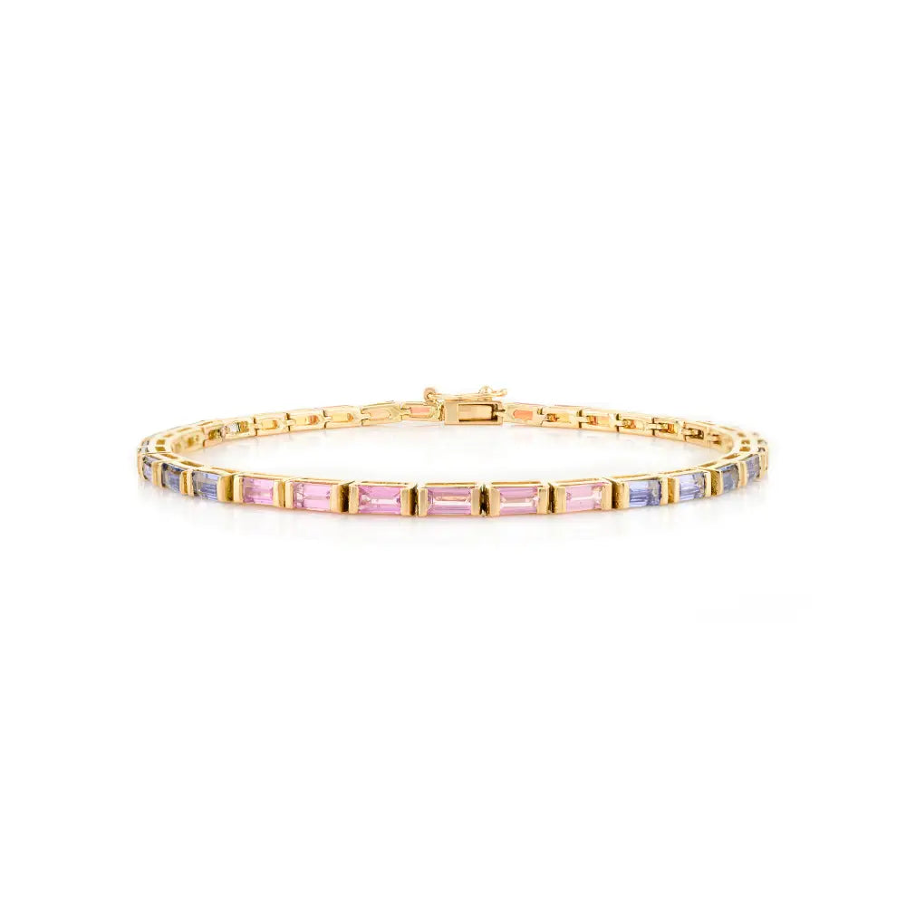 Horizontal Baguette Shape Multi Sapphire Unisex Tennis Bracelet Half Bezel Setting