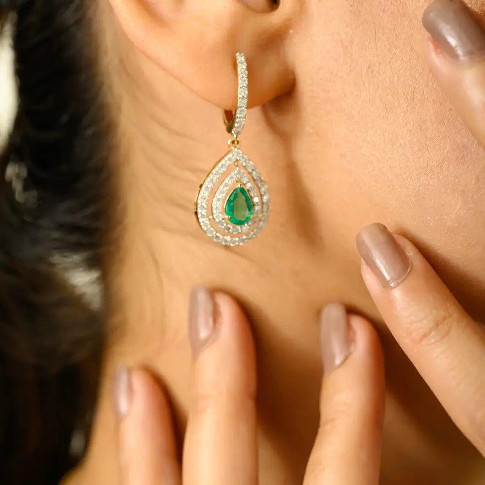 Zambian Natural Emerald & Diamond Double Halo Drop Earrings Solid K18 Yellow Gold Jewelry