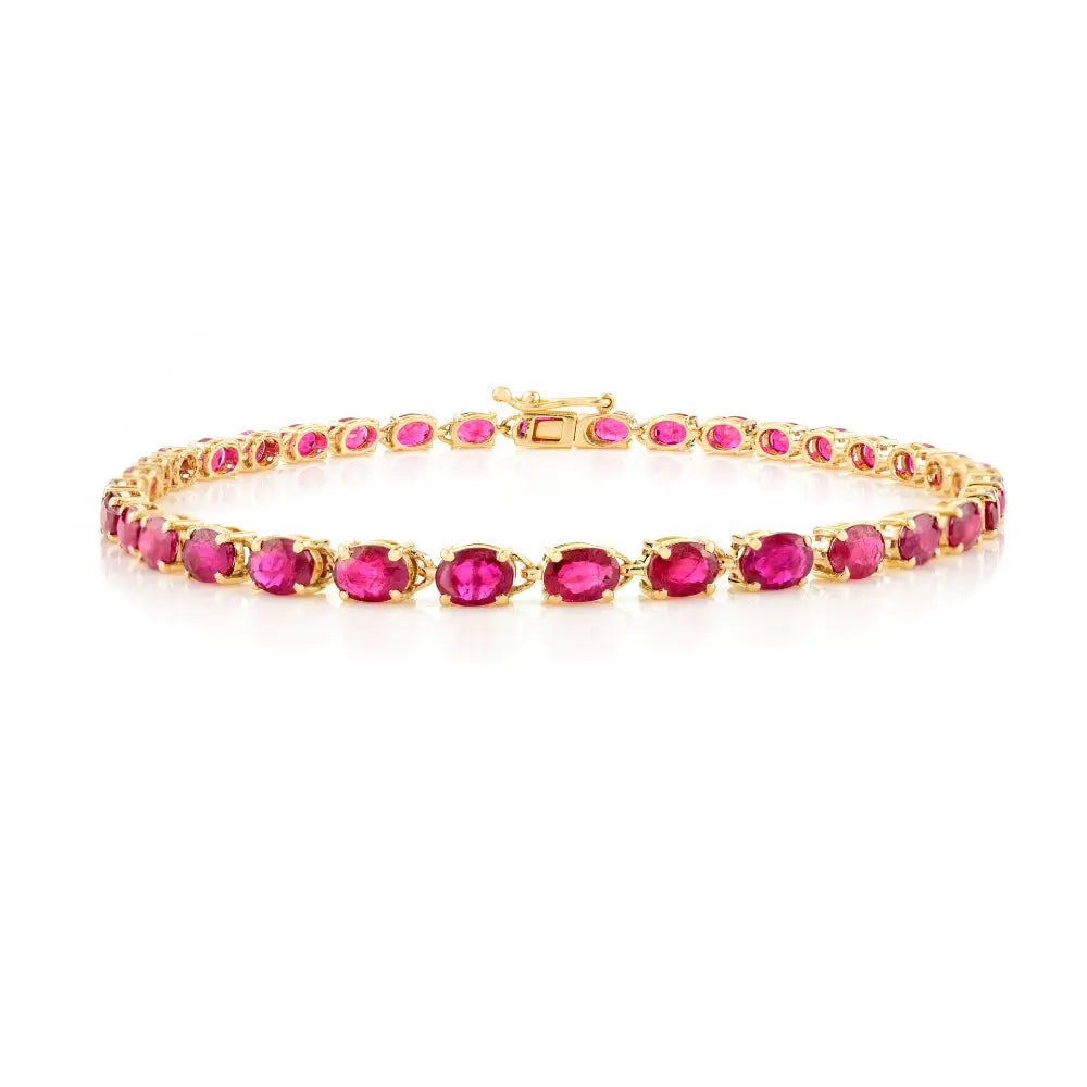 Precious Gemstone Oval Cut Ruby 14K Yellow Gold Tennis Bracelet Anniversary Gift