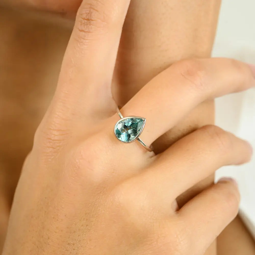 11X8 MM Pear Cut Aquamarine Gemstone Single Stone Ring Hamade 14K Gold Jewelry Manufacture