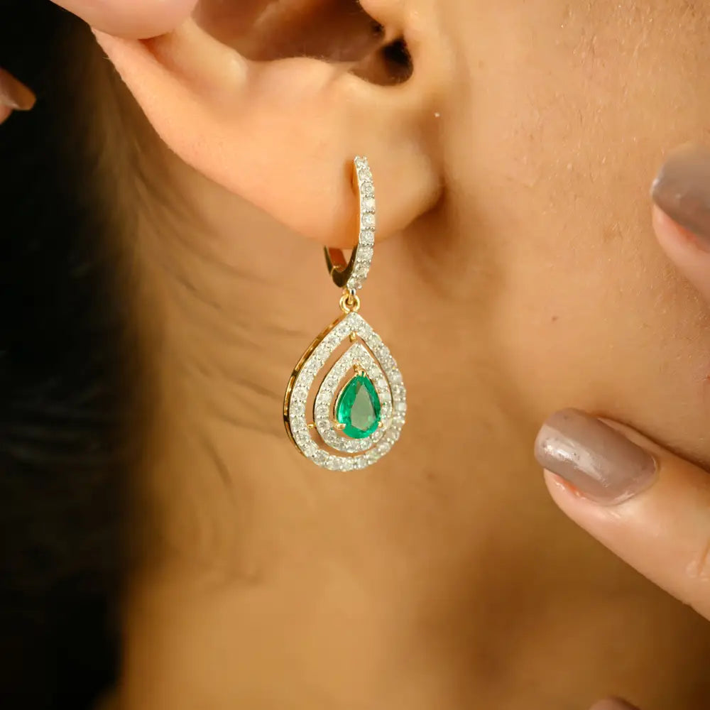 Zambian Natural Emerald & Diamond Double Halo Drop Earrings Solid K18 Yellow Gold Jewelry