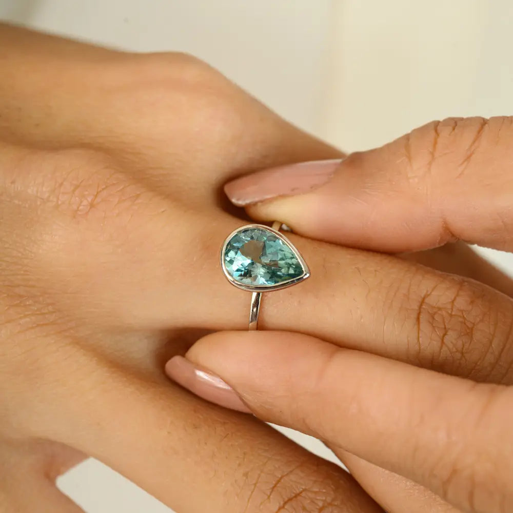 11X8 MM Pear Cut Aquamarine Gemstone Single Stone Ring Hamade 14K Gold Jewelry Manufacture