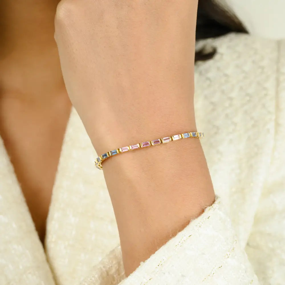 Horizontal Baguette Shape Multi Sapphire Unisex Tennis Bracelet Half Bezel Setting