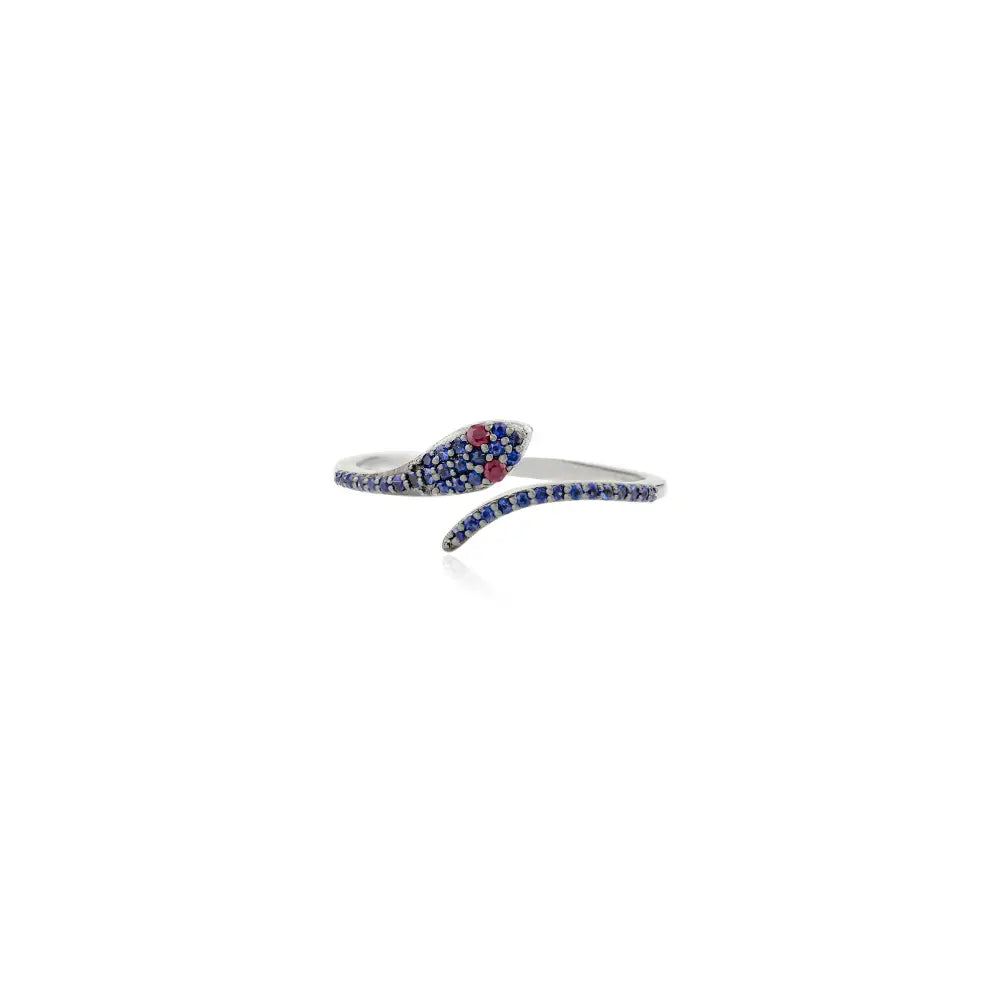 Unique Design Ruby & Blue Sapphire Open Snake Stacking Ring Real K18 White Gold Jewelry