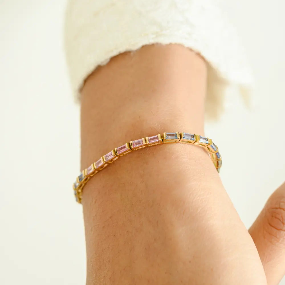 Horizontal Baguette Shape Multi Sapphire Unisex Tennis Bracelet Half Bezel Setting