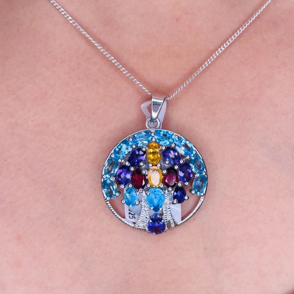 Trending Jewelry 100% Authentic Multi Gemstone Statement Tree of Life Pendant
