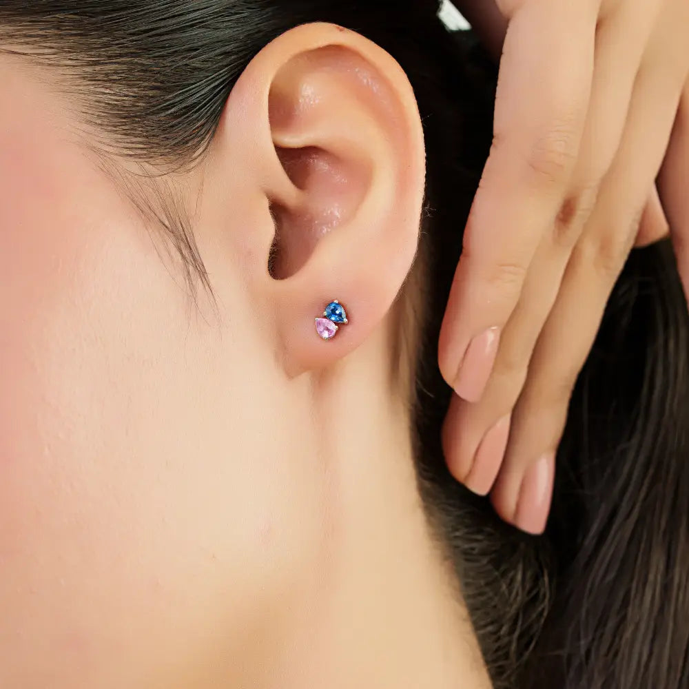 18K White Gold Prong Set Pink & Blue Sapphire Minimal Toi et Moi Stud Earrings Birthstone Jewelry