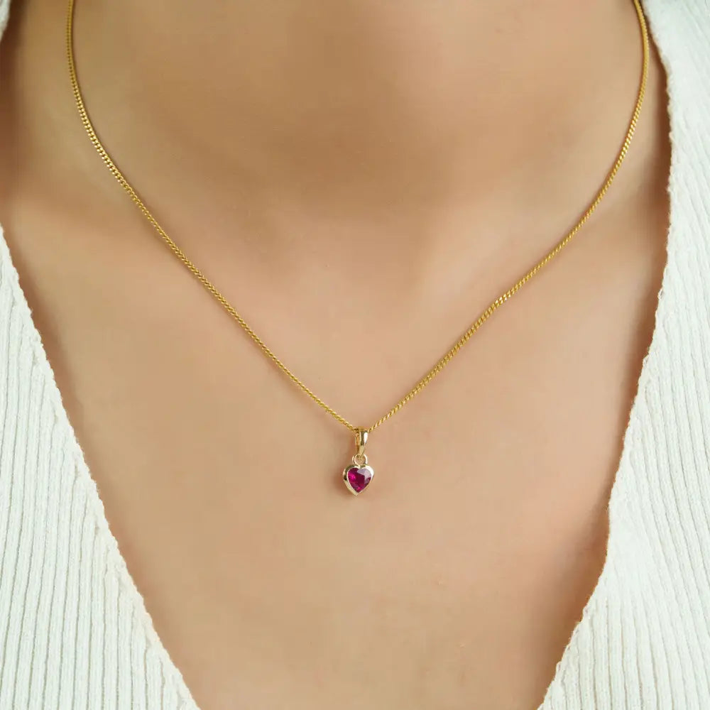 14K Real Yellow Gold Ruby Mini Heart Shape Pendant Minimalist Jewelry Gift For Girlfriend