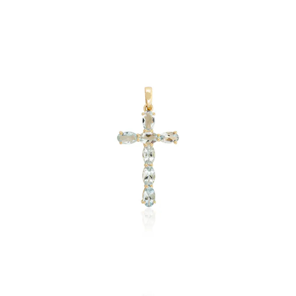 Oval Cut Aquamarine Crucifix Cross Pendant Christian Jewelry Real 14K Solid Yellow Gold