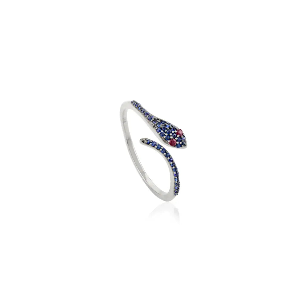 Unique Design Ruby & Blue Sapphire Open Snake Stacking Ring Real K18 White Gold Jewelry