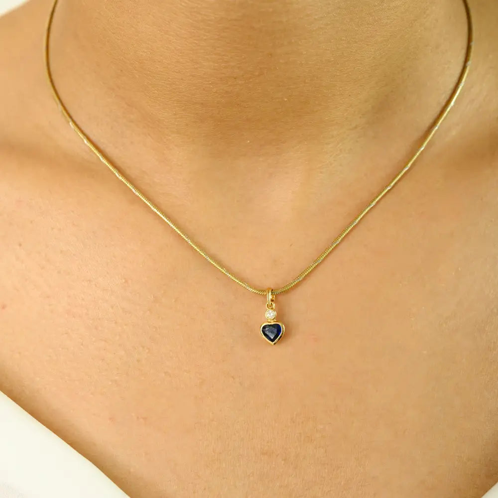 Birthday Gift For Her Blue Sapphire & Diamond Minimal Heart Shape Pendant 18K Yellow Gold