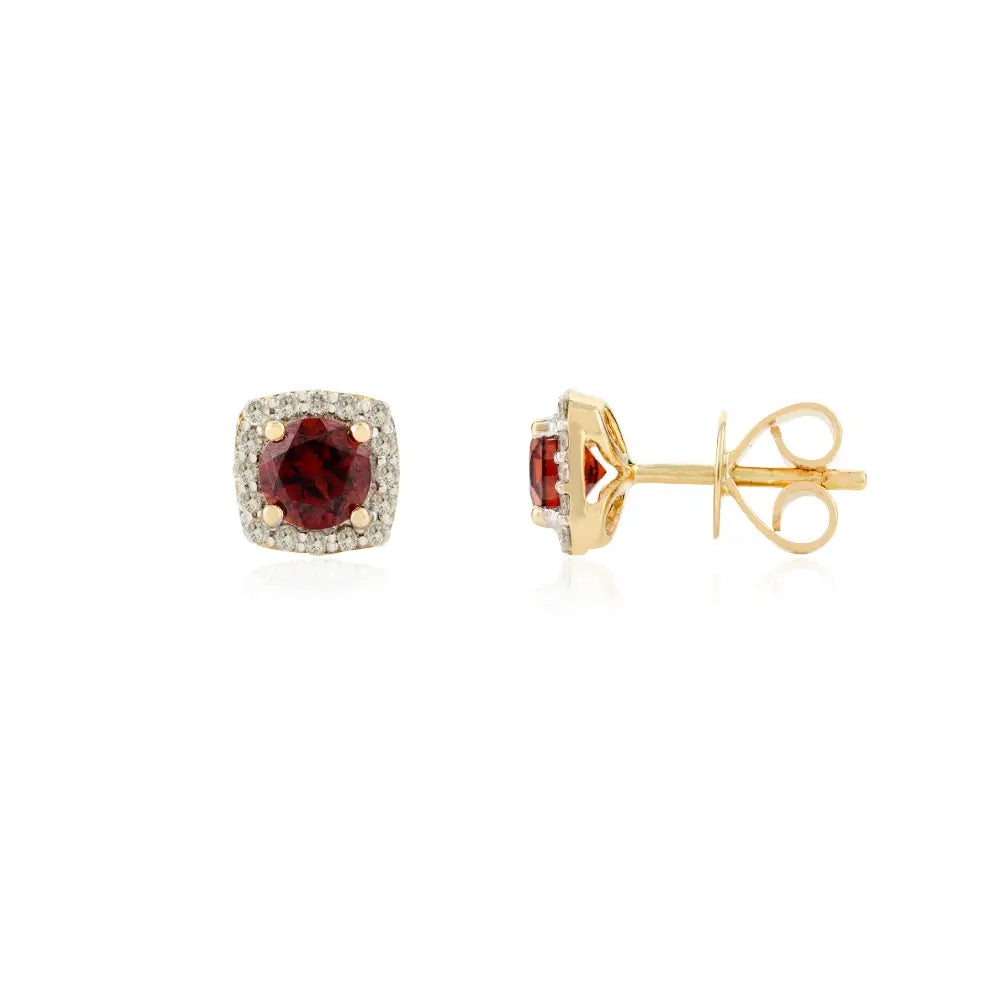 Simple Elegant Garnet & Diamond Square Shape Halo Stud Earrings Everyday 14k Gold Jewelry