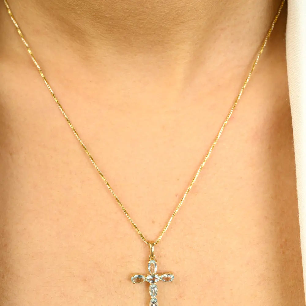 Oval Cut Aquamarine Crucifix Cross Pendant Christian Jewelry Real 14K Solid Yellow Gold