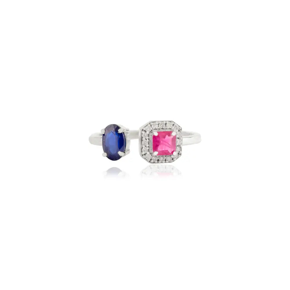 Precious Gemstone Ruby Blue Sapphire & Diamond 14K White Gold Two Stone Open Ring