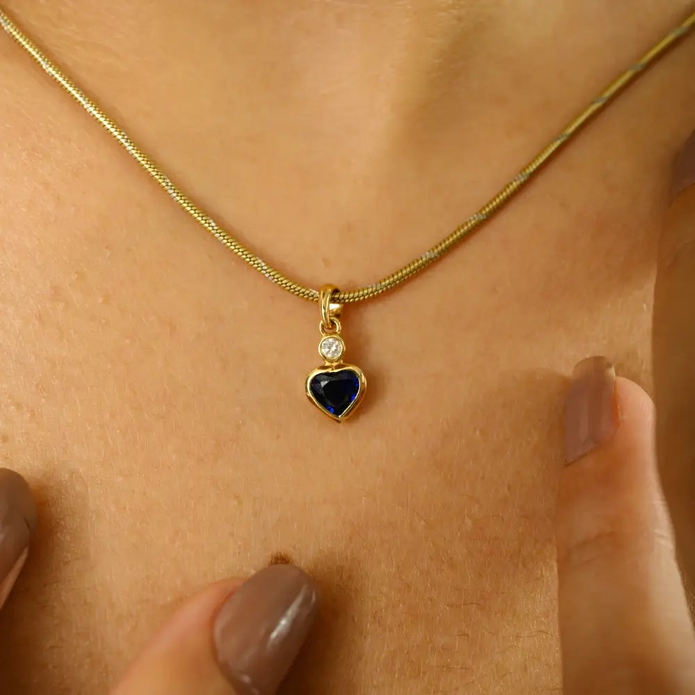 Birthday Gift For Her Blue Sapphire & Diamond Minimal Heart Shape Pendant 18K Yellow Gold