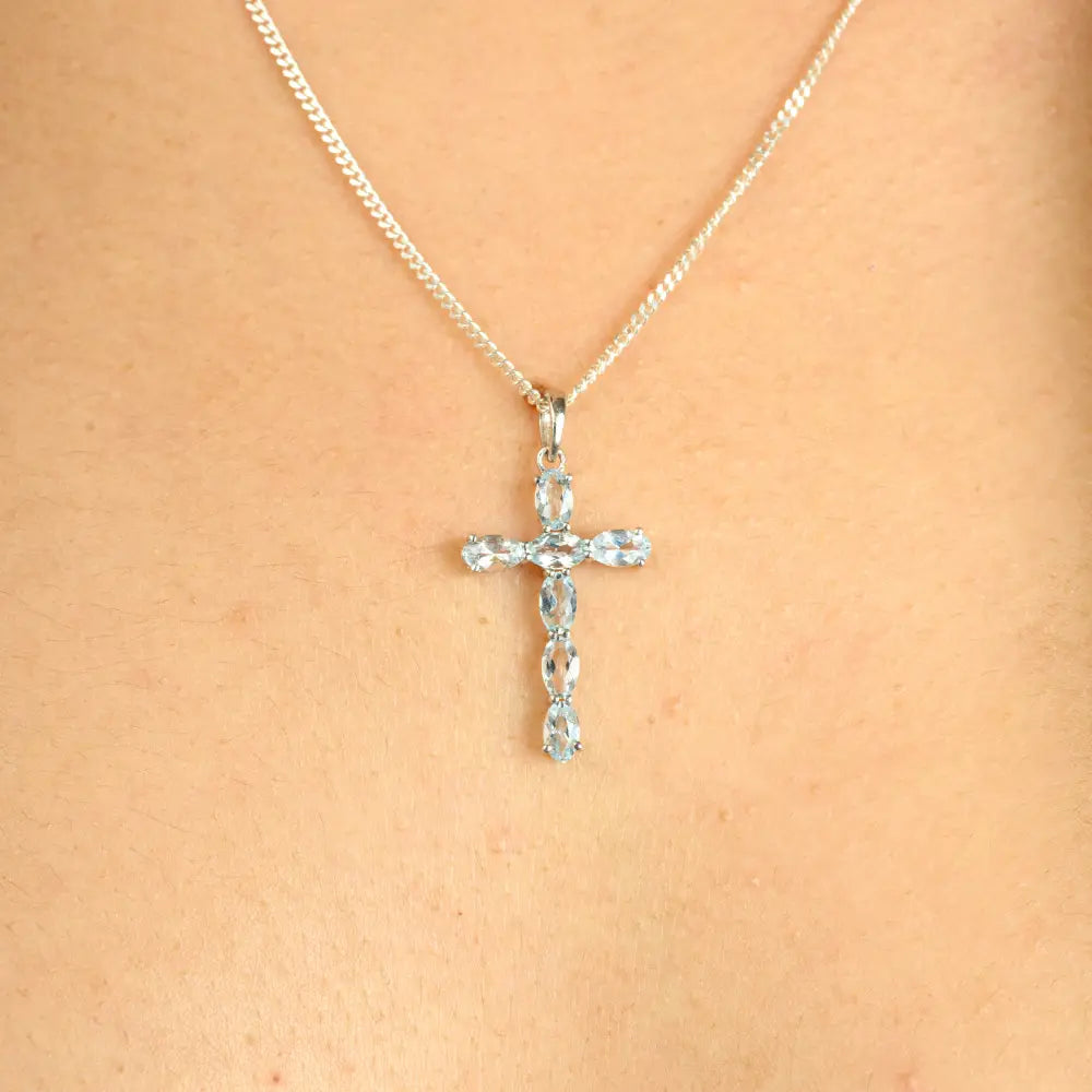 March Birthstone 18K White Gold Prong Setting Aquamarine Cross Pendant Christmas Gift