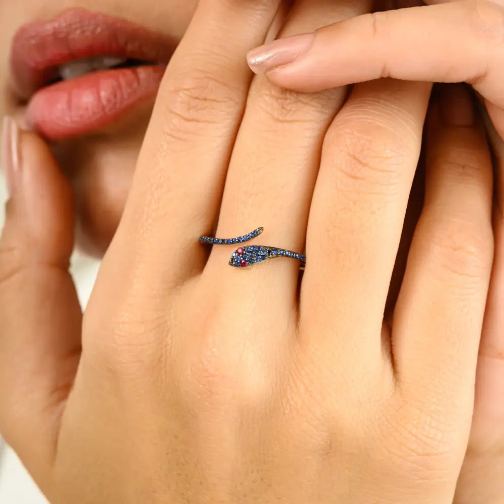 Unique Design Ruby & Blue Sapphire Open Snake Stacking Ring Real K18 White Gold Jewelry