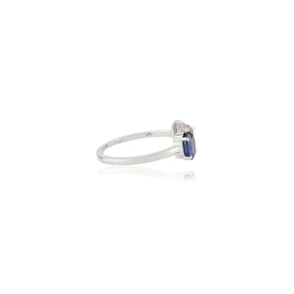 Precious Gemstone Ruby Blue Sapphire & Diamond 14K White Gold Two Stone Open Ring