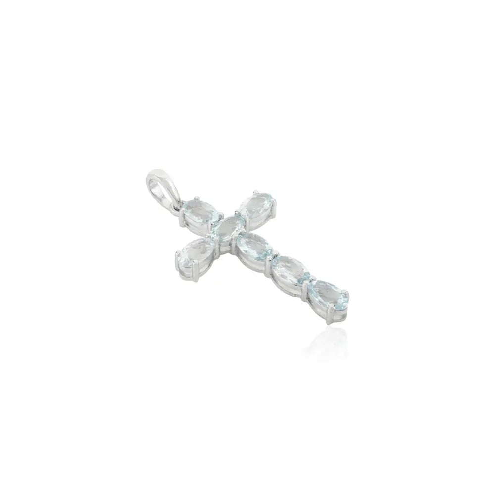 March Birthstone 18K White Gold Prong Setting Aquamarine Cross Pendant Christmas Gift