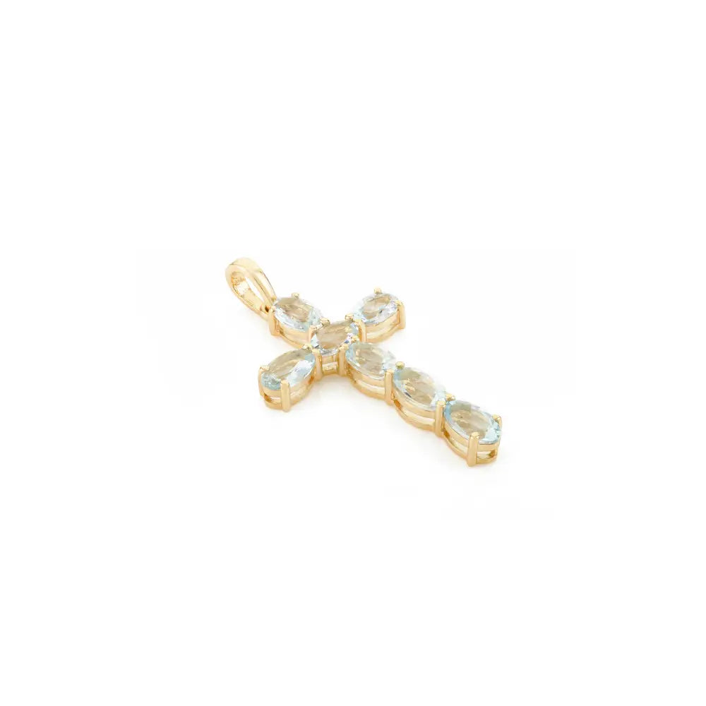 Oval Cut Aquamarine Crucifix Cross Pendant Christian Jewelry Real 14K Solid Yellow Gold