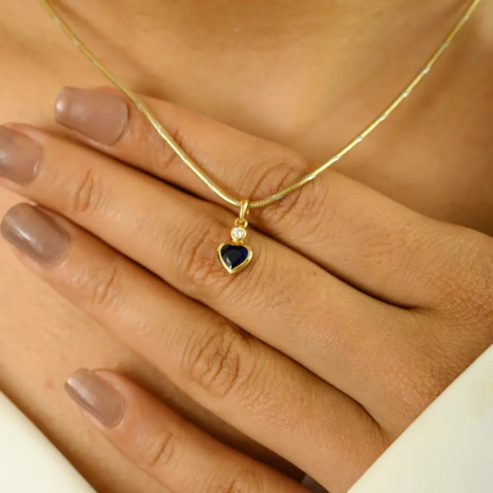 Birthday Gift For Her Blue Sapphire & Diamond Minimal Heart Shape Pendant 18K Yellow Gold