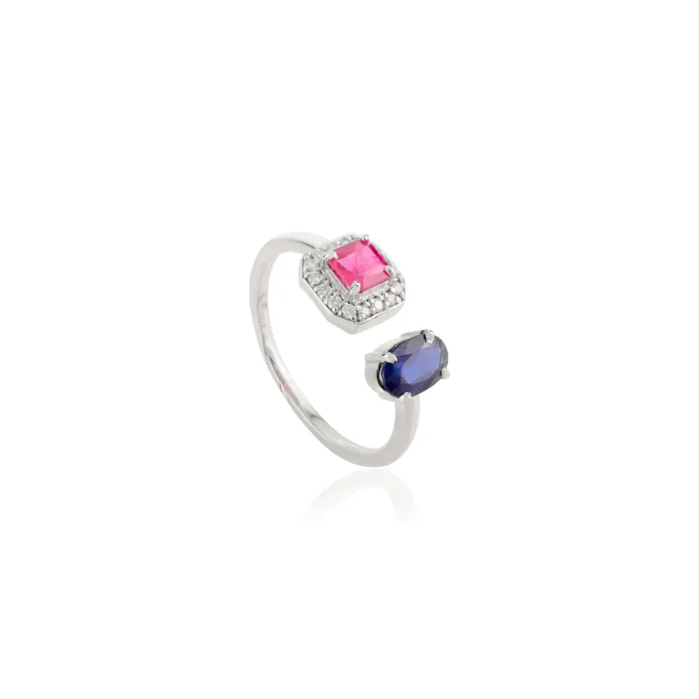 Precious Gemstone Ruby Blue Sapphire & Diamond 14K White Gold Two Stone Open Ring