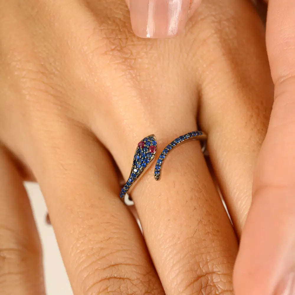 Unique Design Ruby & Blue Sapphire Open Snake Stacking Ring Real K18 White Gold Jewelry