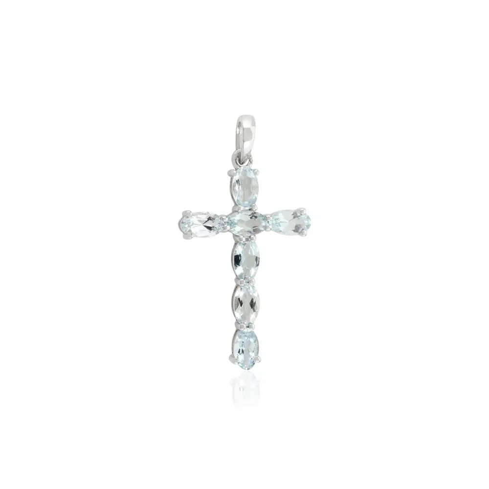 March Birthstone 18K White Gold Prong Setting Aquamarine Cross Pendant Christmas Gift