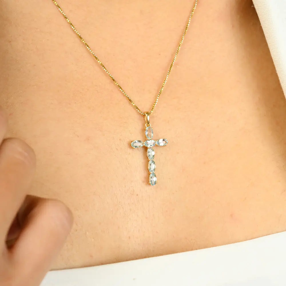 Oval Cut Aquamarine Crucifix Cross Pendant Christian Jewelry Real 14K Solid Yellow Gold