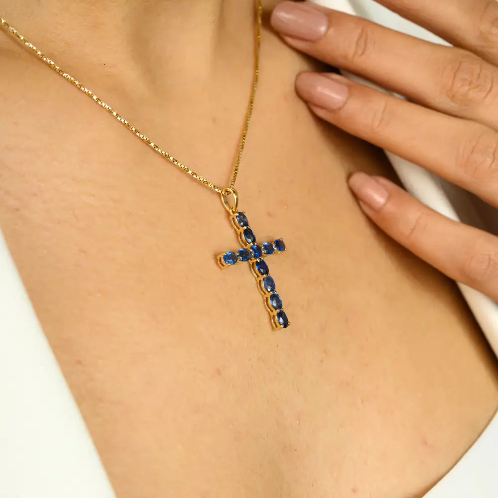 18K Pure Yellow Gold Handmade Blue Sapphire Christian Cross Pendant Wholesale Bulk Jewelry