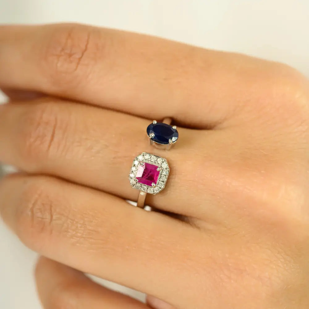 Precious Gemstone Ruby Blue Sapphire & Diamond 14K White Gold Two Stone Open Ring