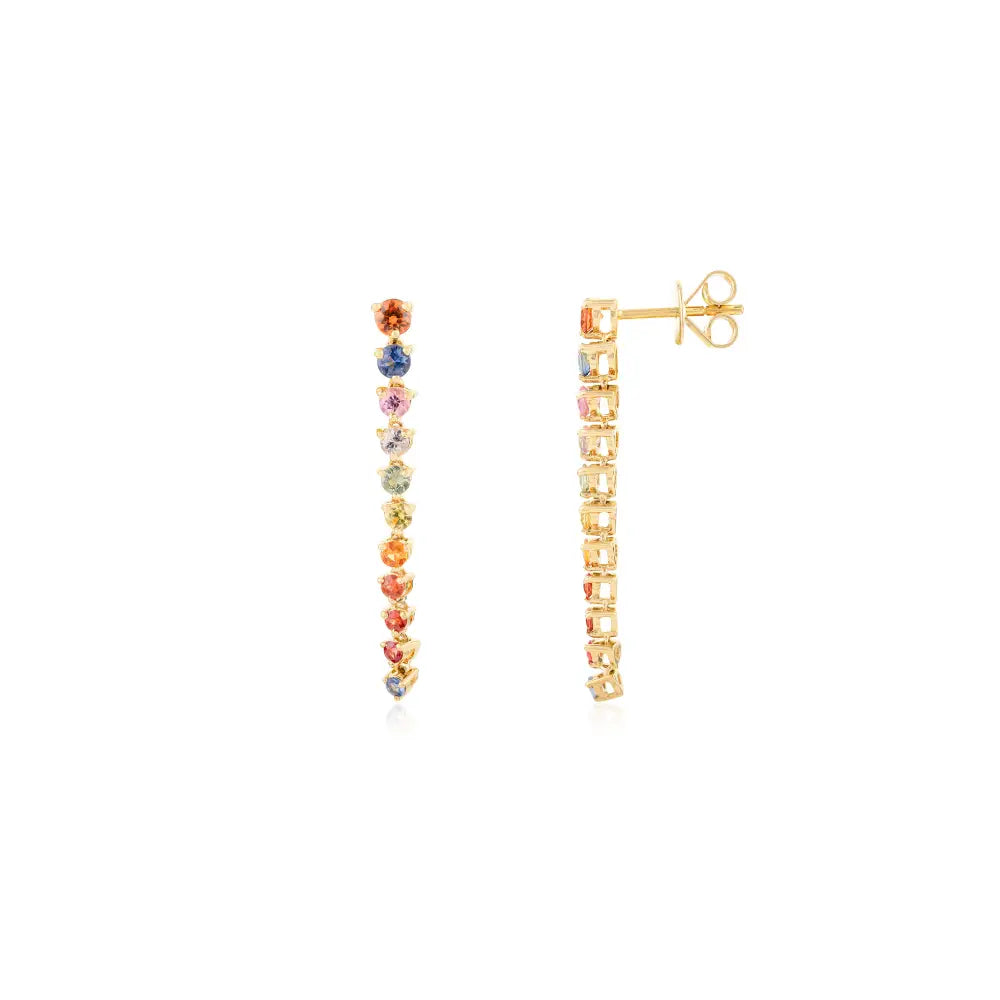 Round Cut Multi Sapphire Long Dangle Earrings Solid 18K Yellow Gold Precious Gemstone Jewelry